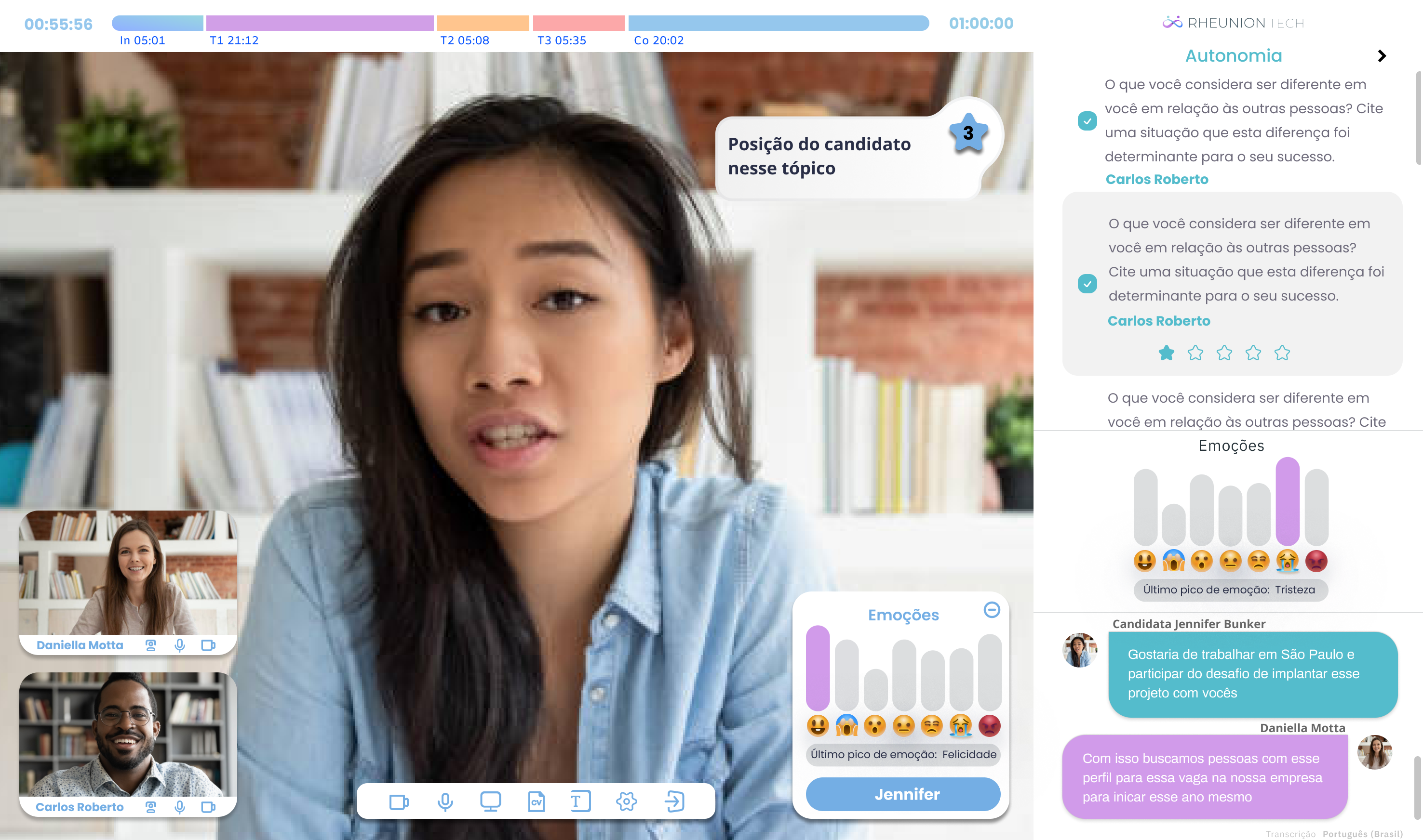 Interface de entrevista com análise emocional em tempo real e chat lateral