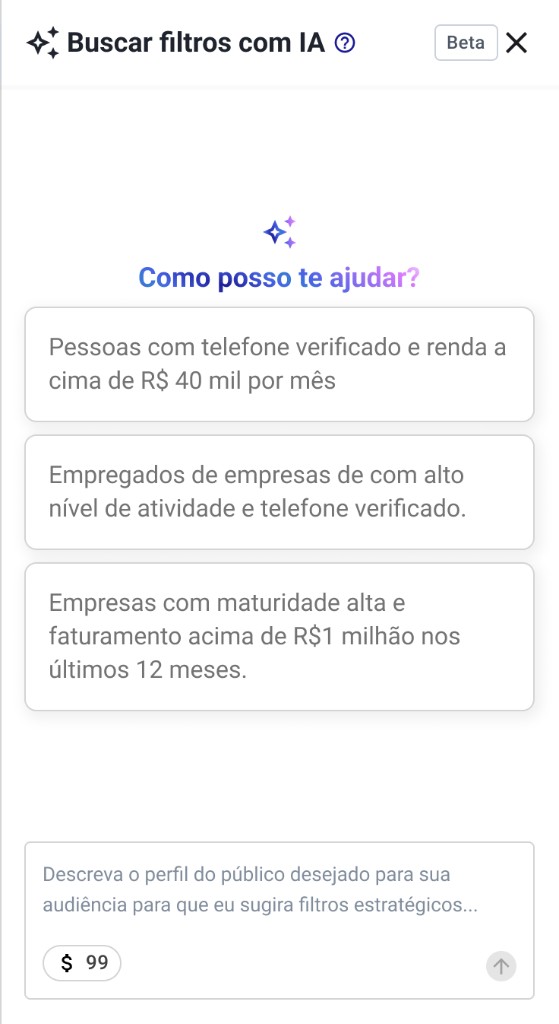 Painel Buscar filtros com IA — prompts sugeridos