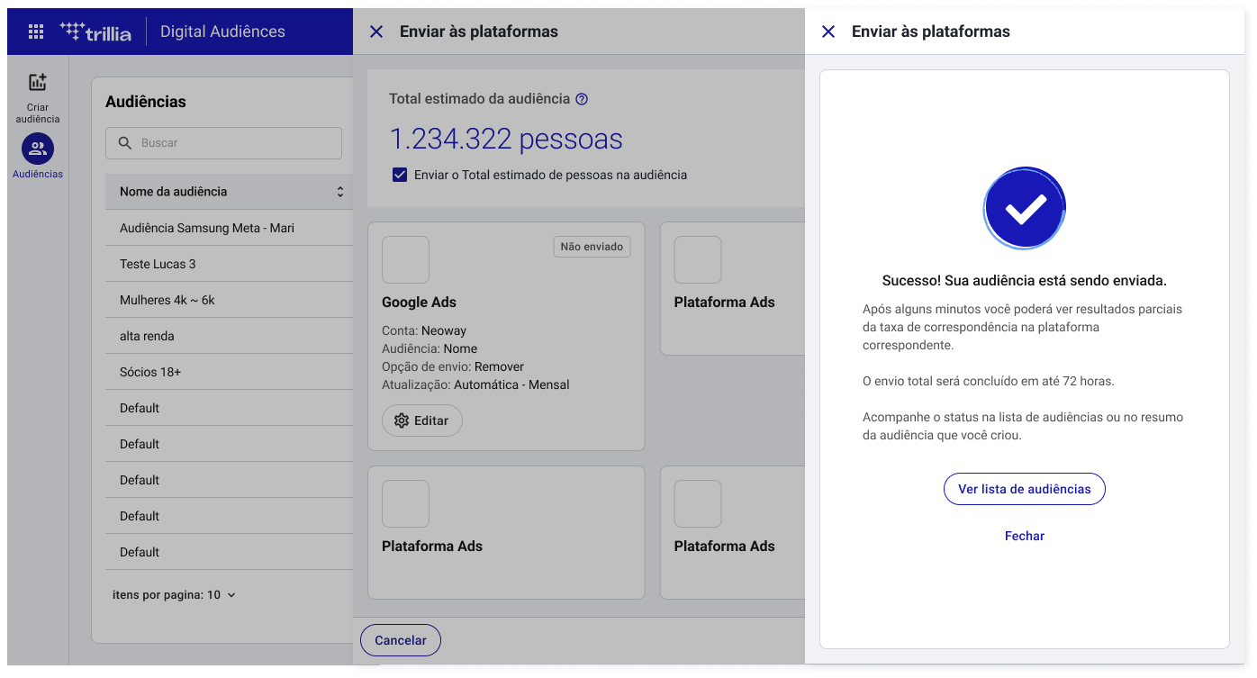 Modal de envio para Google Ads e outras plataformas