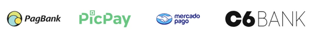 Logos dos clientes MVP — PagBank, PicPay, Mercado Pago e C6 Bank