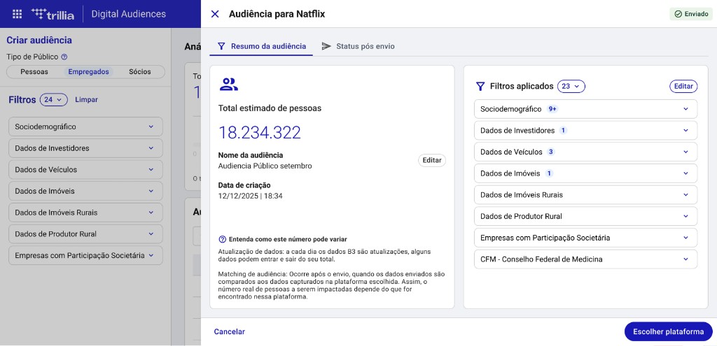 Resumo da audiência com filtros aplicados e escolha de plataforma