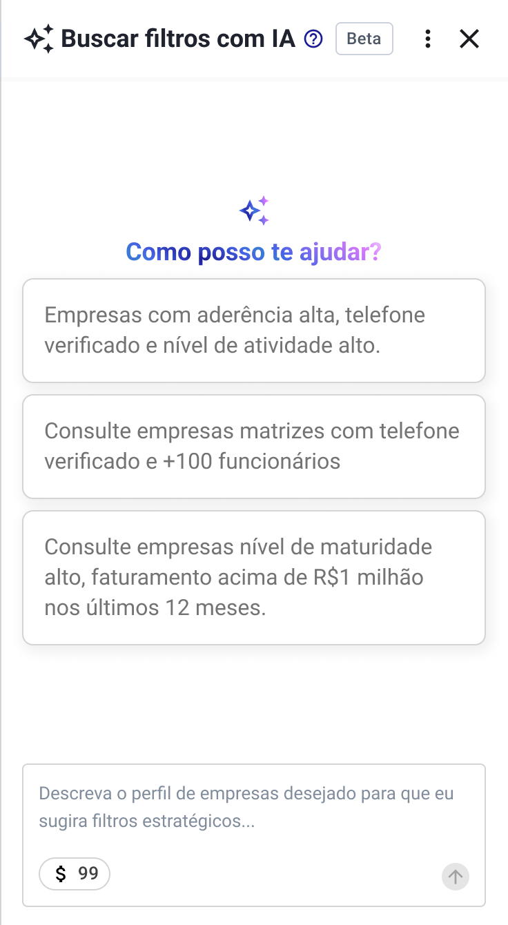 Painel Buscar filtros com IA com sugestões em linguagem natural