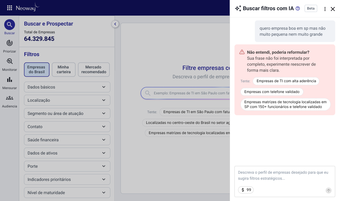 Feedback da IA pedindo reformulação com sugestões de busca