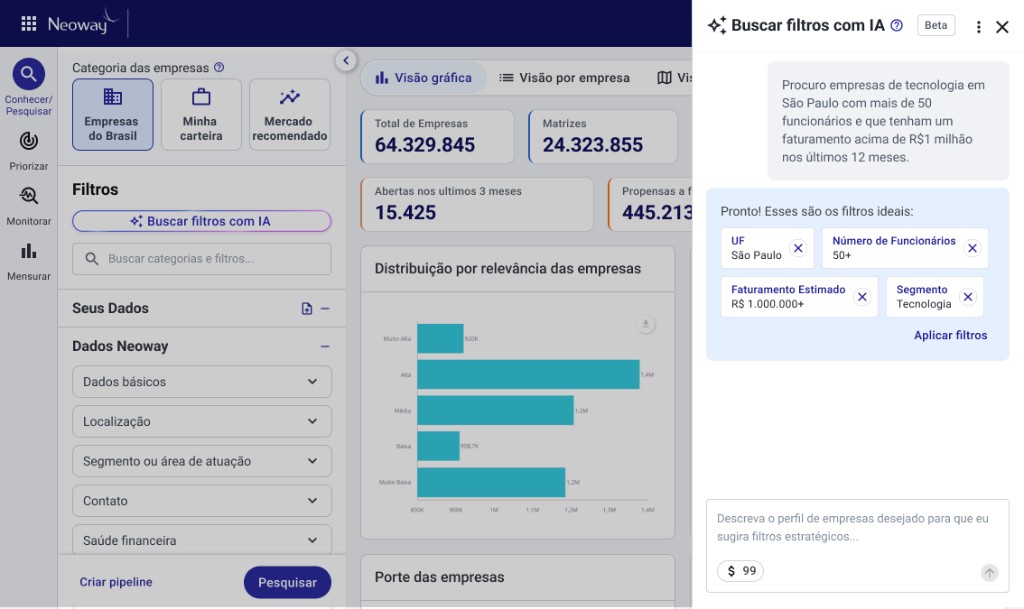 Painel com filtros ideais sugeridos e ação Aplicar filtros