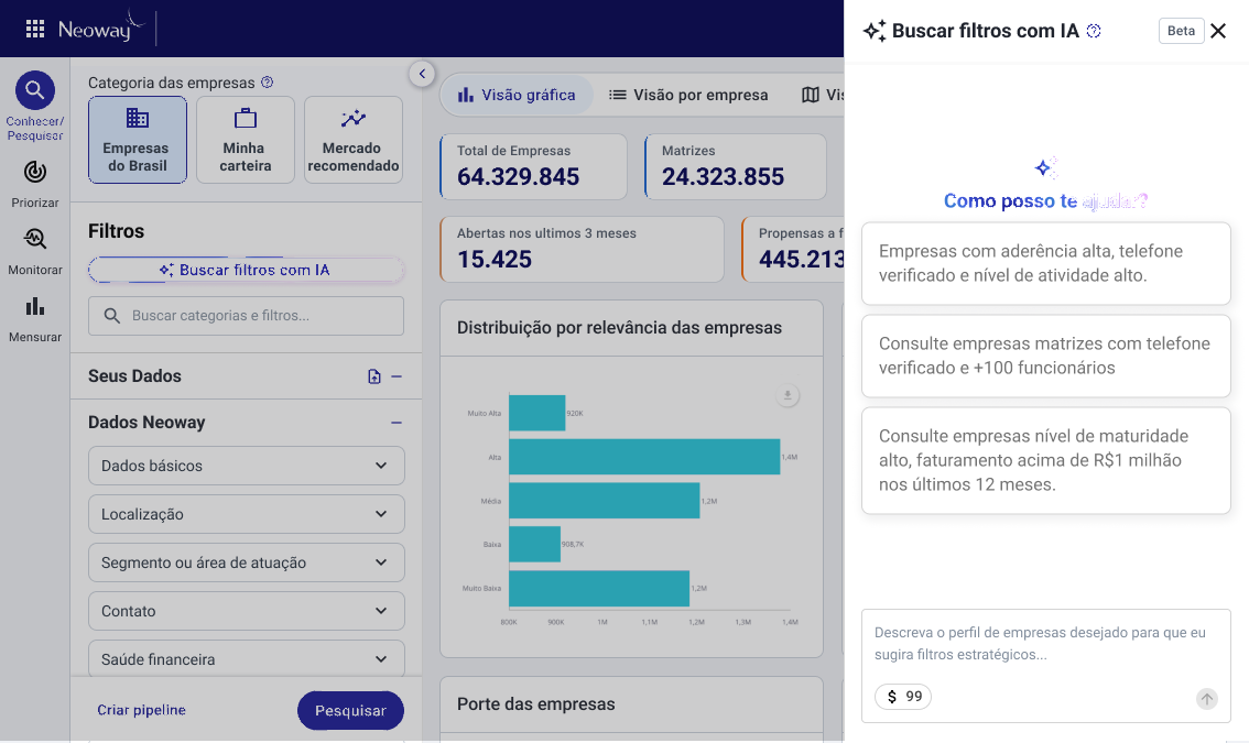 Painel Buscar filtros com IA — sugestões e campo de linguagem natural