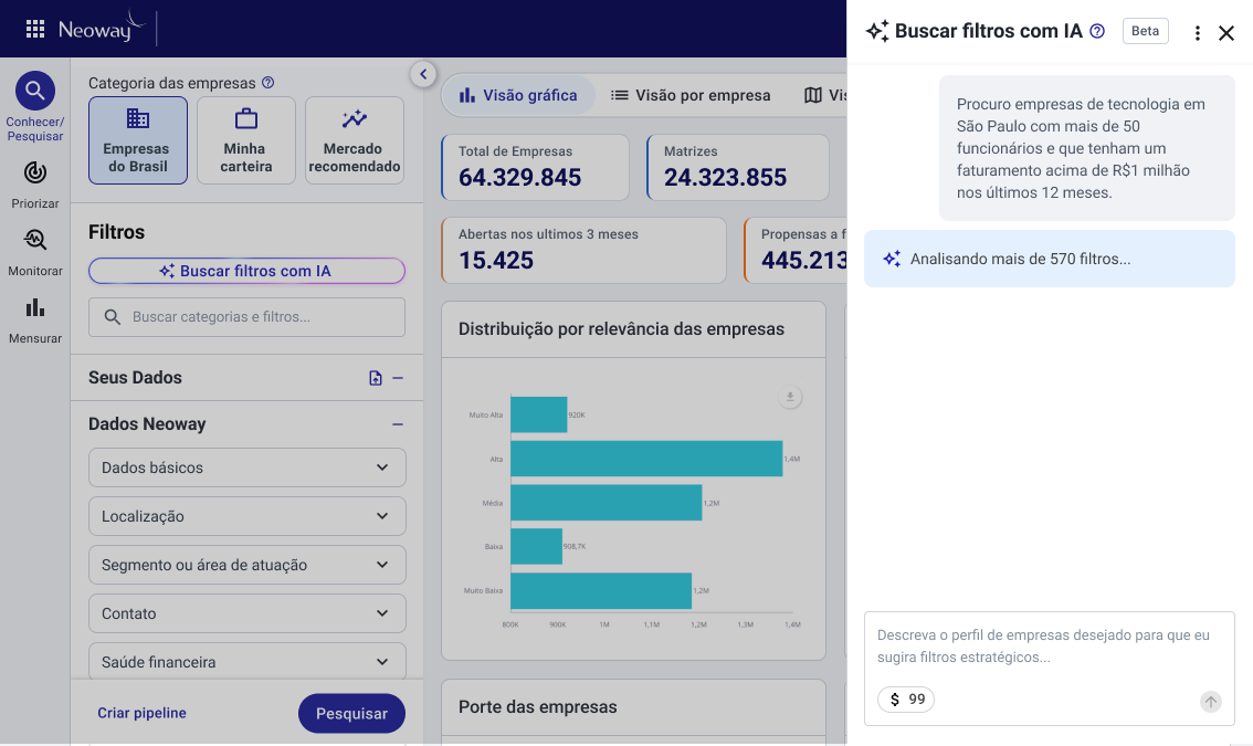 Painel Buscar filtros com IA em estado de carregamento, com callouts de especificação