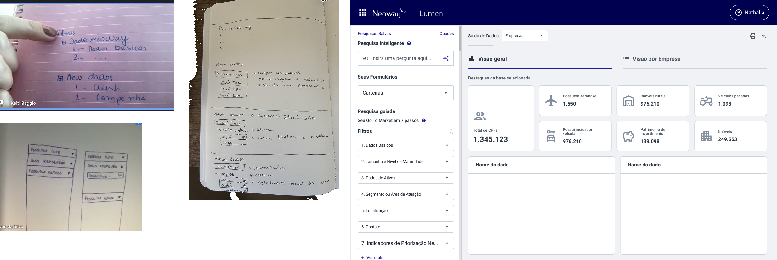 Evolução da ideação Lumen V2 — anotações manuscritas, wireframes e protótipo em alta fidelidade