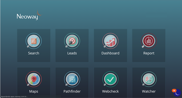 Launcher legado do Search Neoway com módulos Search, Leads, Dashboard e Maps