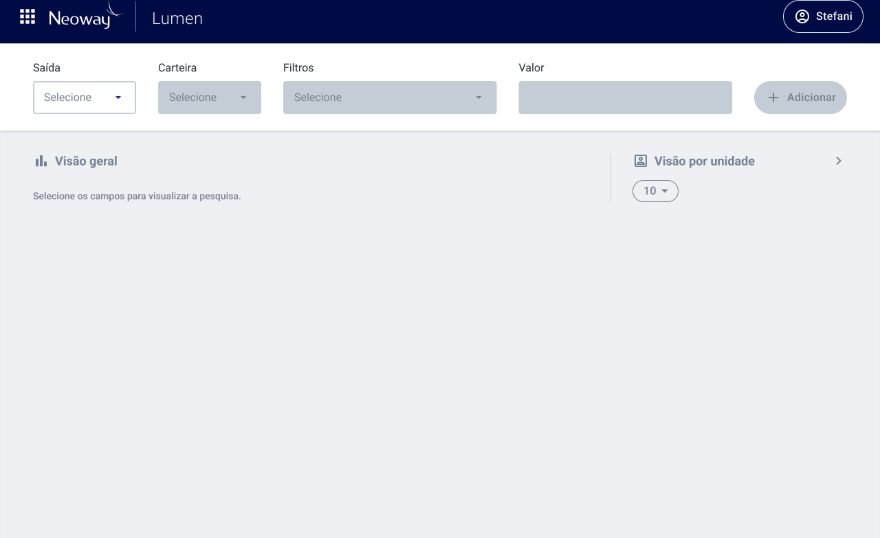 Interface do Lumen V1 no teste de usabilidade — visão geral com filtros de pesquisa