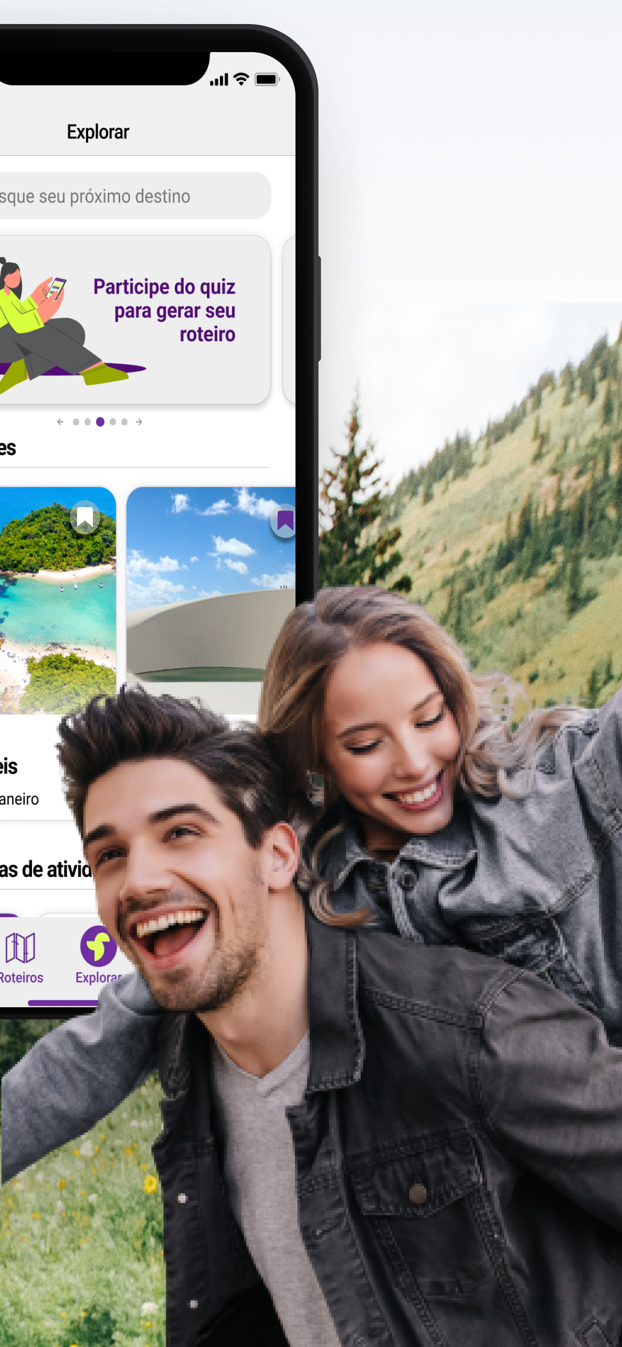 Arte de marketing — tela Explorar com quiz e destinos em destaque