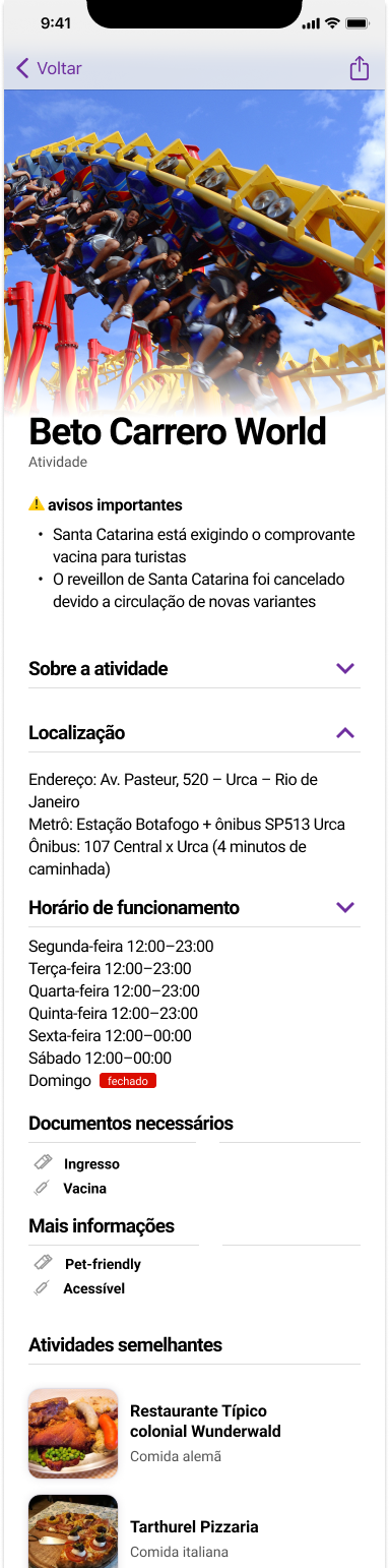 Detalhe de atividade — avisos importantes, sobre a atividade e localização