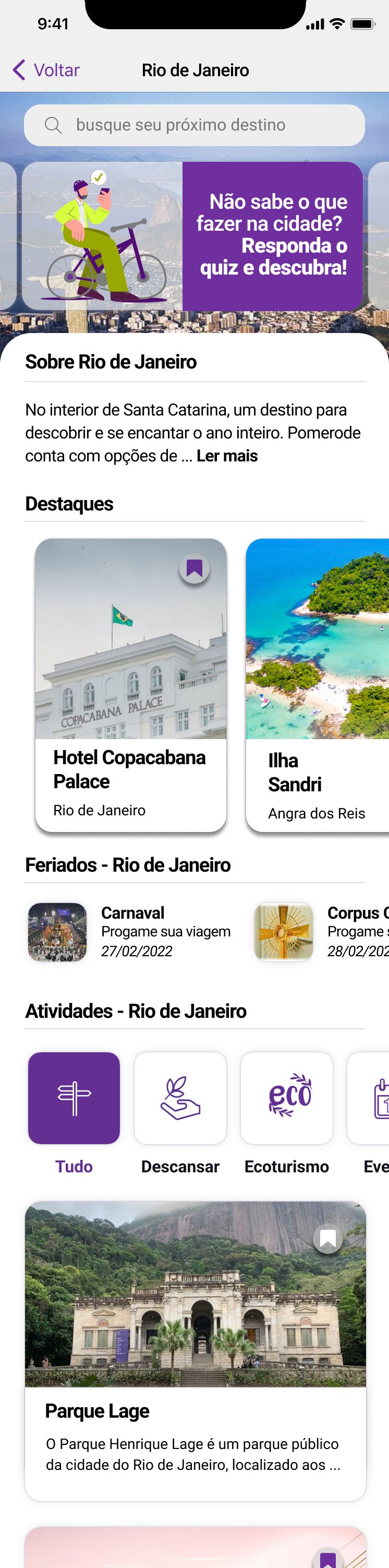 Explorar — busca, banner do quiz, destaques, feriados e categorias de atividade