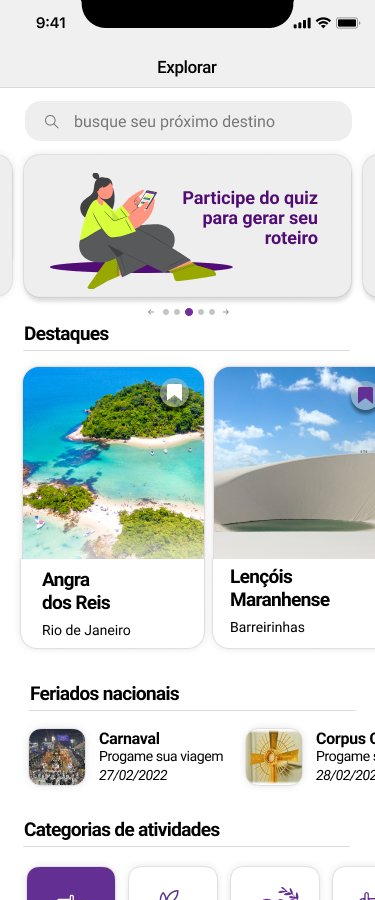 Tela Explorar — CTA para quiz, destaques e feriados nacionais