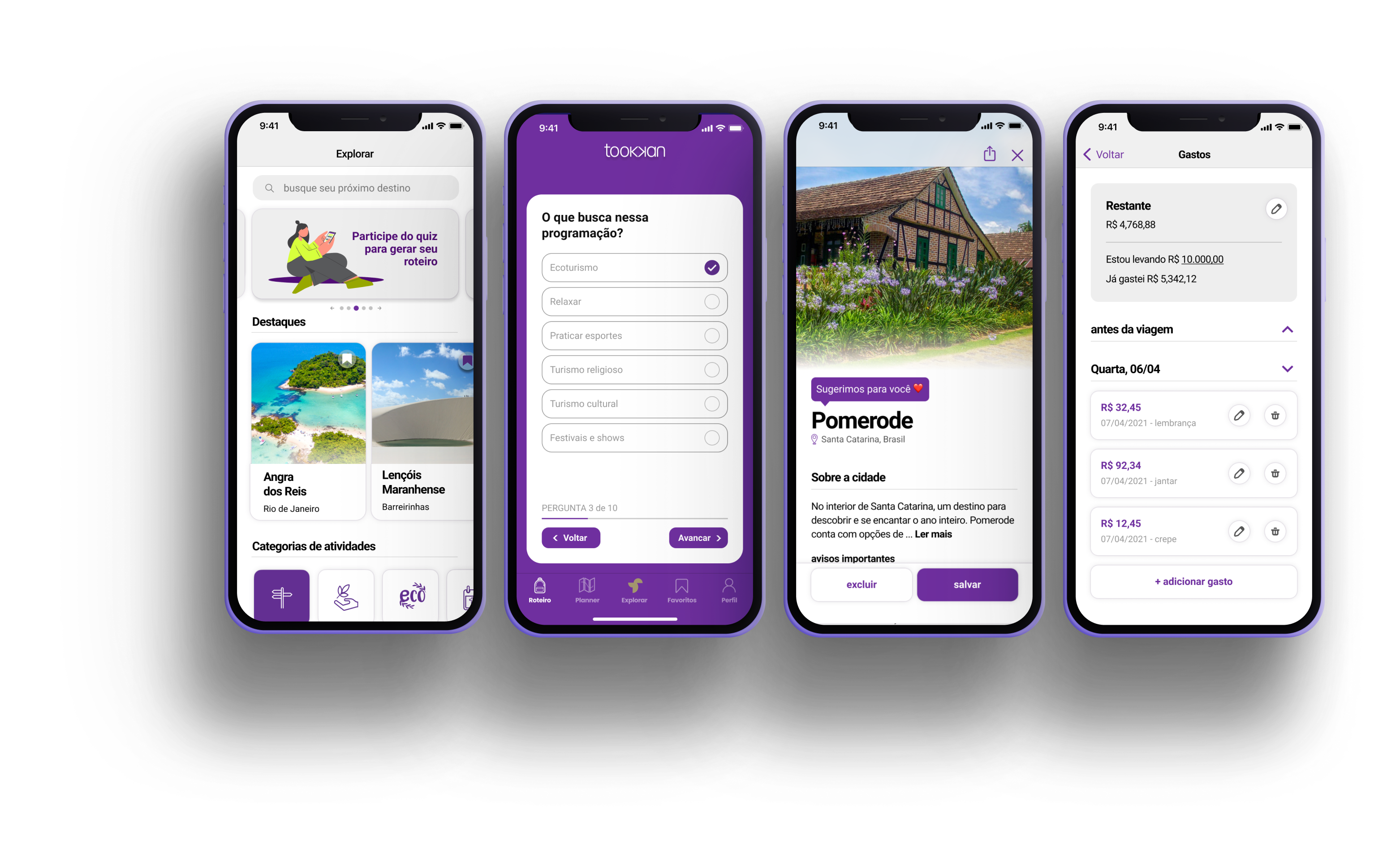 Quatro telas do app Tookkan em sequência — Explorar com CTA do quiz, personalização no quiz, sugestão de destino Pomerode e controle de gastos com saldo restante