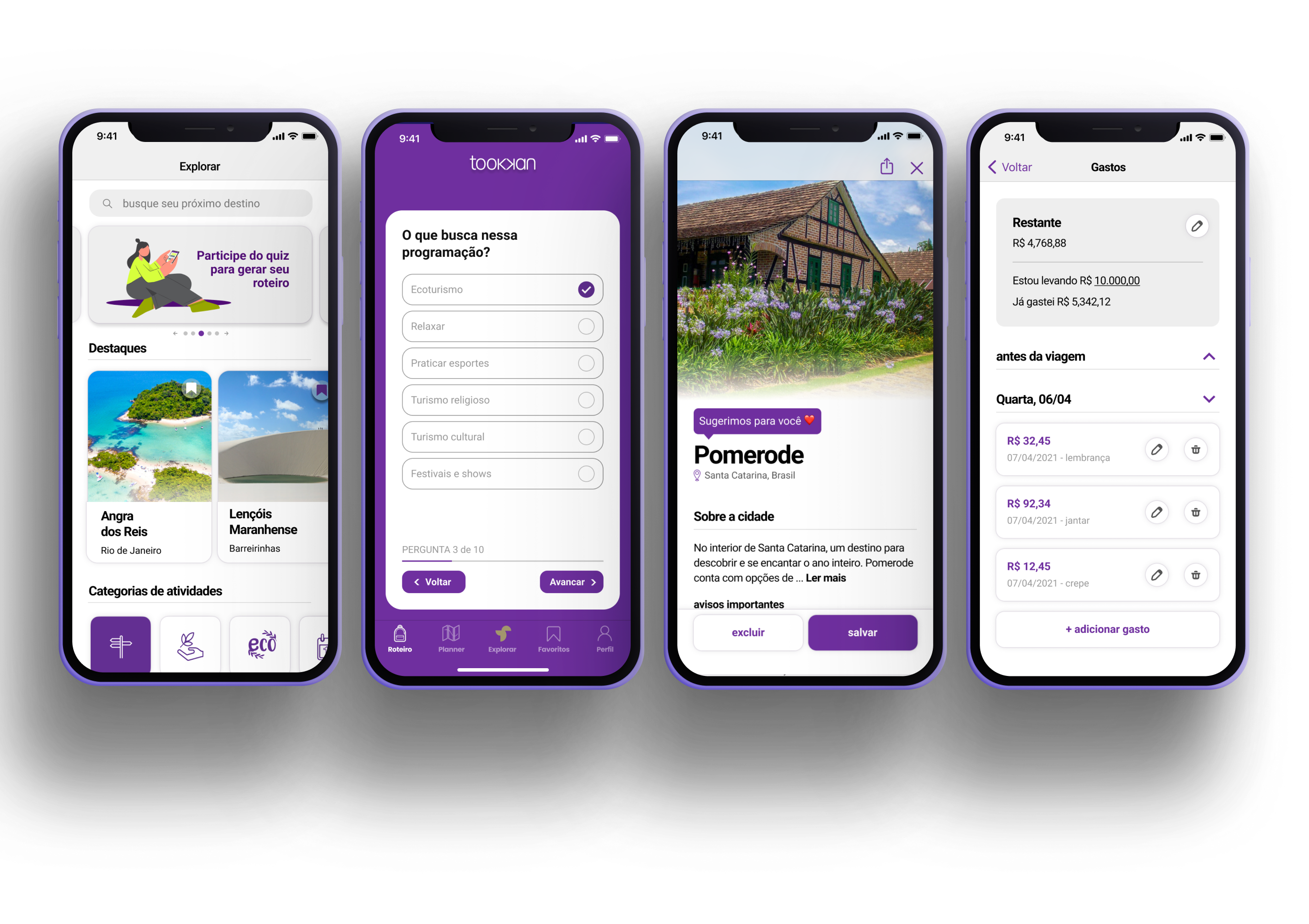 Quatro telas do app Tookkan em sequência — Explorar com CTA do quiz, personalização no quiz, sugestão de destino Pomerode e controle de gastos com saldo restante