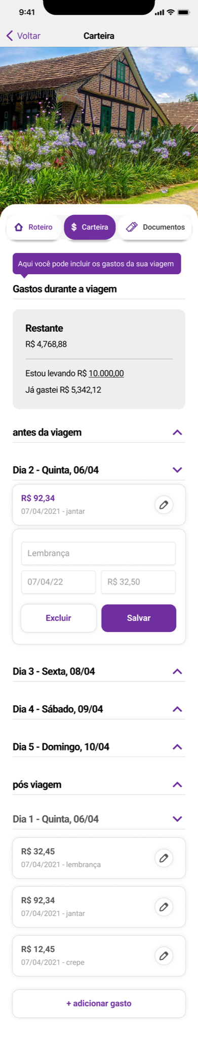 Aba Carteira — gastos por dia, saldo restante e formulário inline de despesas