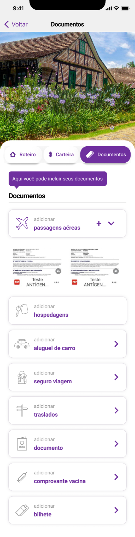 Aba Documentos — categorias de viagem com upload de PDF e estados preenchido