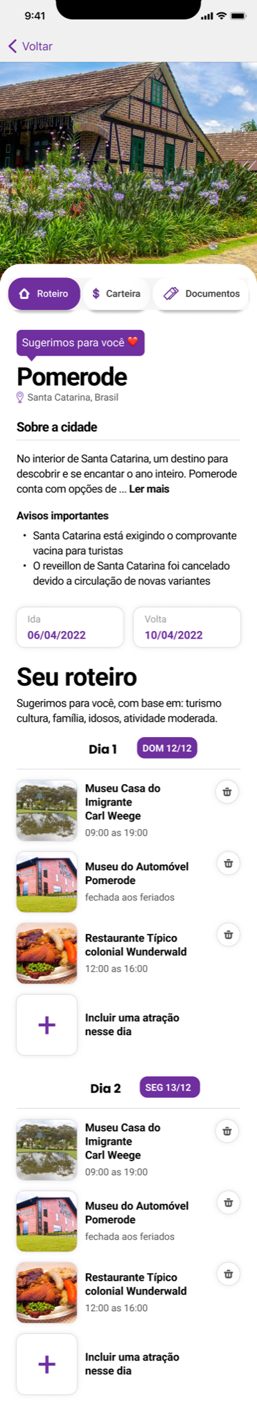 Aba Roteiro — Pomerode, roteiro por dia com datas, avisos e atrações sugeridas pela IA