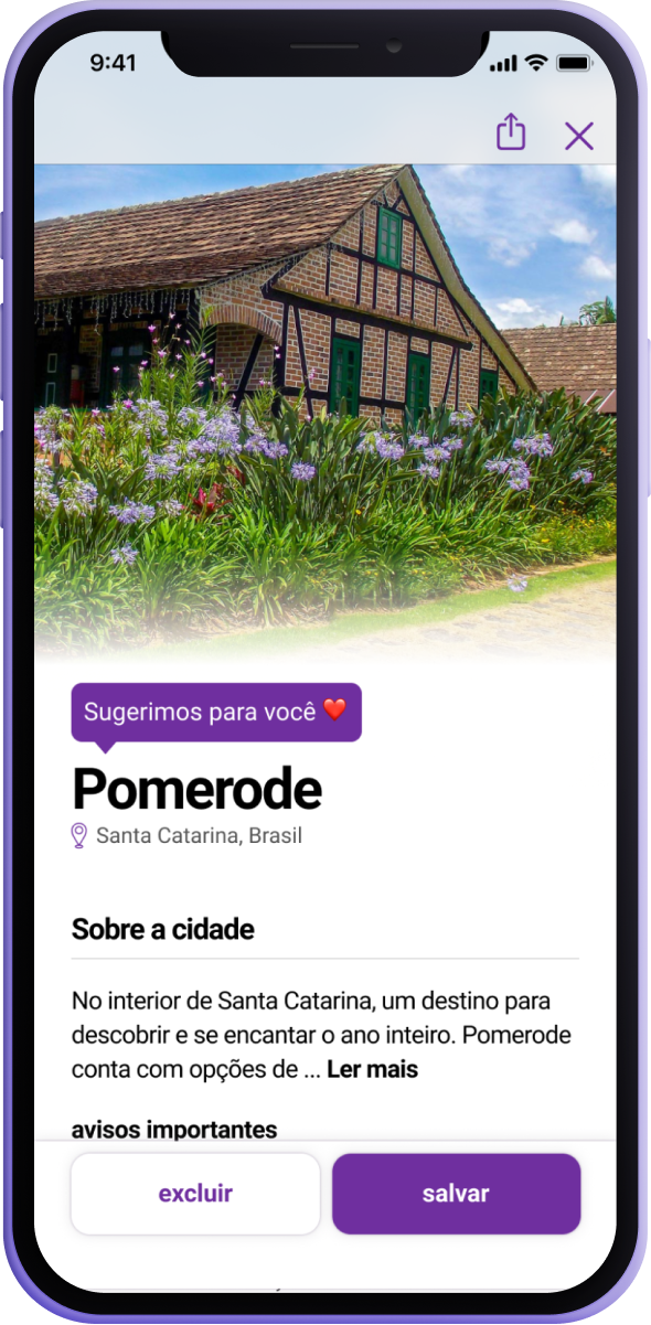 Destino Pomerode — tag Sugerimos para você, sobre a cidade e ações salvar/excluir