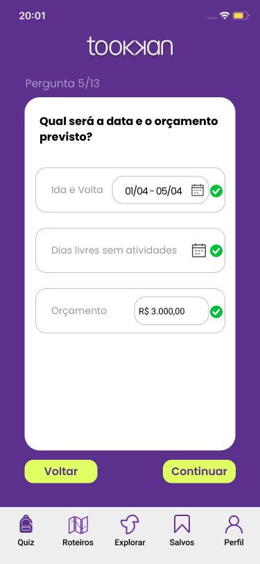Pergunta 5/13 do quiz Tookkan — data, dias livres e orçamento com confirmação visual