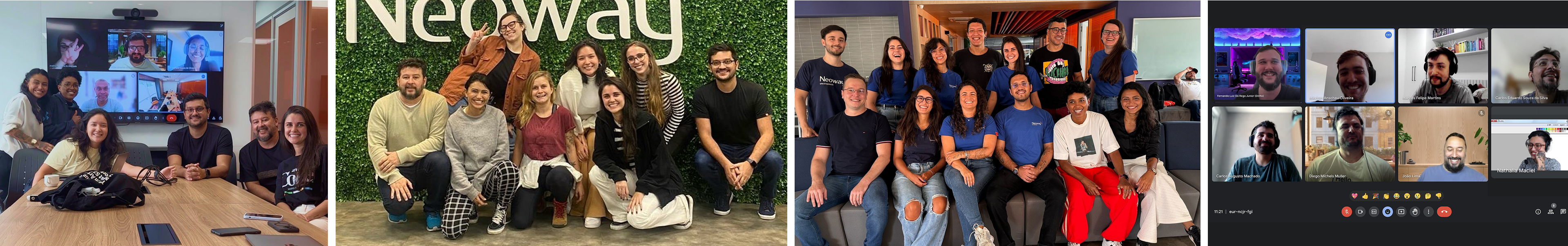 Colagem de momentos de trabalho em equipe: reunião híbrida, time Neoway, grupo no escritório e videoconferência remota.
